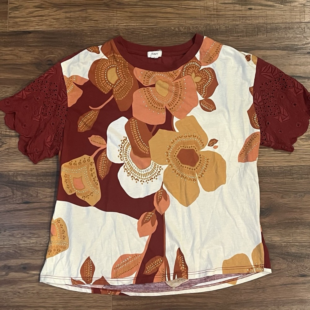 Anthropologie Tiny Womens Small Floral Orange Mustard Tshirt Eyelet Lace Boho